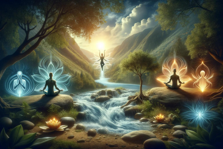 a group of people meditating and connecting body-mind-spirit in front of a river